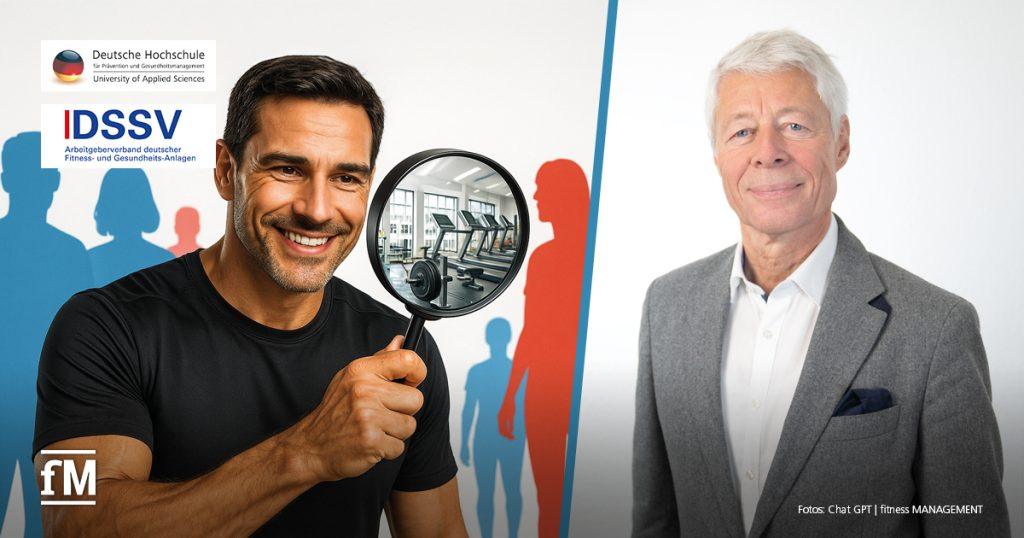 Ein Mann hält eine Lupe vor sich, in der ein Fitnessstudio mit Laufbändern zu sehen ist. Rechts im Bild steht ein älterer Mann im grauen Anzug und lächelt freundlich. Oben links sind die Logos der Deutschen Hochschule für Prävention und Gesundheitsmanagement und des DSSV zu sehen.