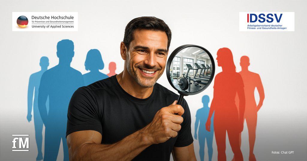 Ein Mann mit Lupe schaut durch das Glas und sieht darin ein Fitnessstudio mit Laufbändern. Im Hintergrund sind farbige Silhouetten von Menschen sowie die Logos der DHfPG und des DSSV zu sehen.