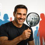 Ein Mann mit Lupe schaut durch das Glas und sieht darin ein Fitnessstudio mit Laufbändern. Im Hintergrund sind farbige Silhouetten von Menschen sowie die Logos der DHfPG und des DSSV zu sehen.