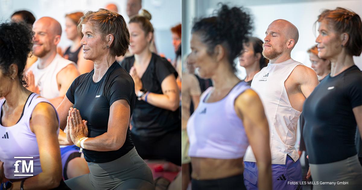Geteiltes Bild: links Frau in Yoga-Pose mit Händen vor Brust in Gruppe, rechts Gruppe mit geschlossenen Augen in Yoga-Übung