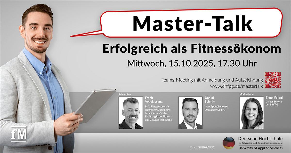 Mann mit Tablet neben ihm Ankündigungsgrafik für Master-Talk 'Erfolgreich als Fitnessökonom' am 15.10.2025 mit Referenten und Moderatorin.