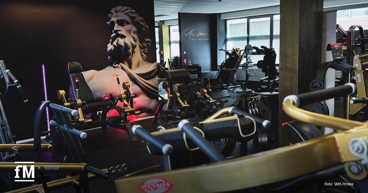 Raum voller Fitnessgeräte mit goldenen Akzenten, an der Wand eine übergroße Abbildung einer antiken Statue.