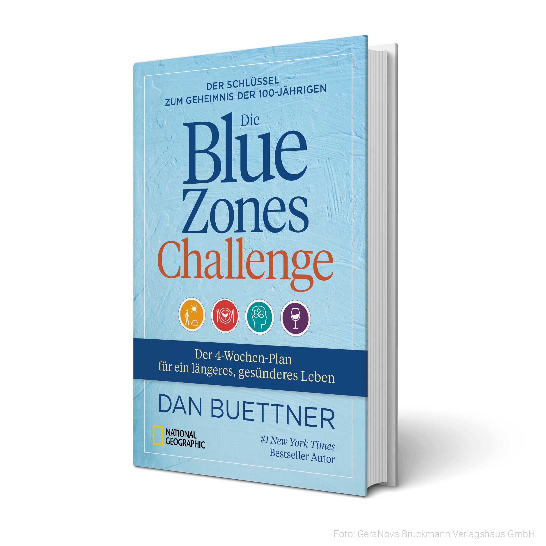 'Die Blue Zones Challenge' von Dan Buettner mit blauem Hintergrund und Symbolen zu Gesundheitsthemen.
