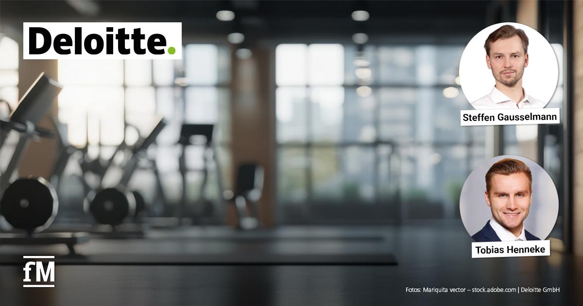 M&A-Aktivitäten im europäischen Fitnessmarkt Logo von Deloitte, im Hintergrund ein modernes Fitnessstudio mit Trainingsgeräten; zwei Männer sind mit Namen in separaten Kreisen abgebildet.