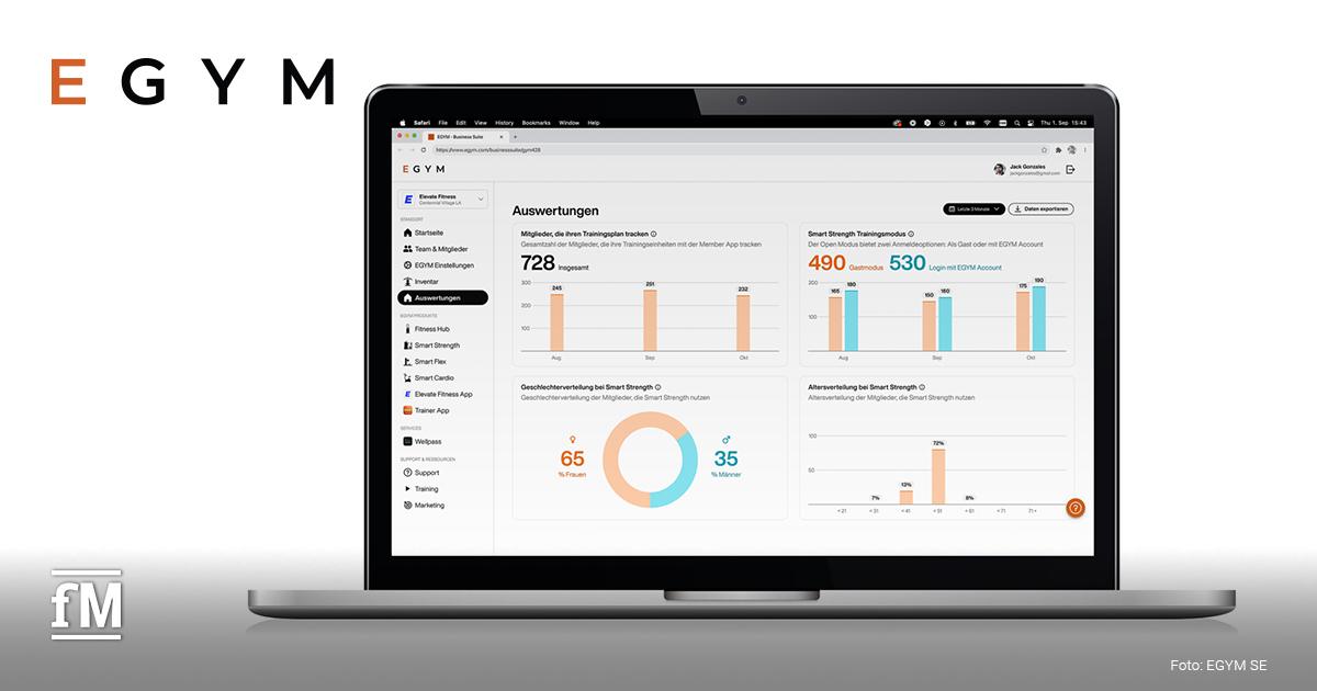 Laptop mit geöffnetem EGYM Business Suite Dashboard, das Diagramme und Analysen anzeigt, EGYM Logo links oben in der Ecke und rechts unten das weiße fM Signet.