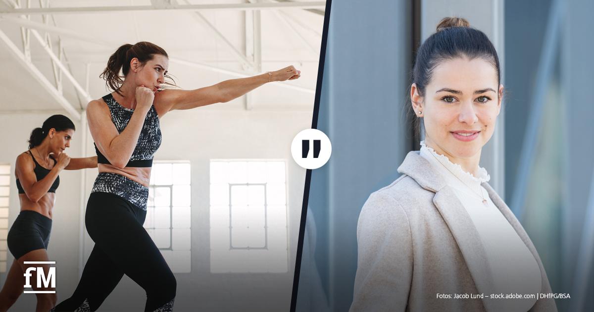 Splitbild: Auf der linken Seite das Bild zweier Frauen, die Boxbewegungen ausführen. Rechts das Porträtfoto einer Frau mit braunem Dutt und hellem Blazer vor einer Glasfassade.