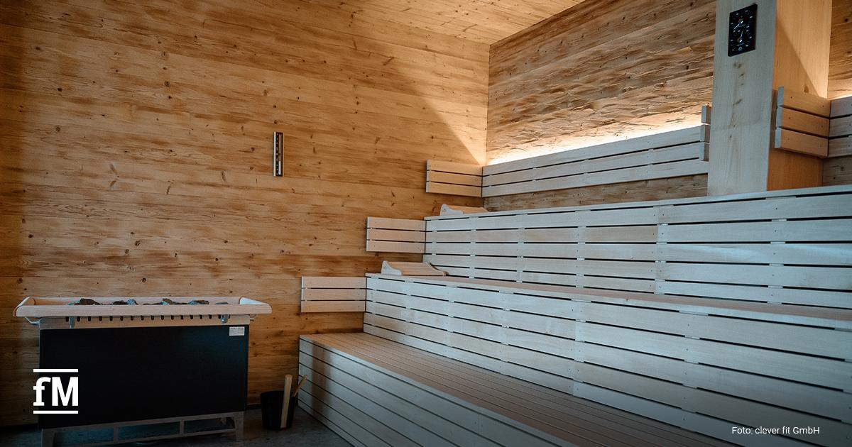 Helle Sauna aus Holz mit Sitzbänken und Saunaofen