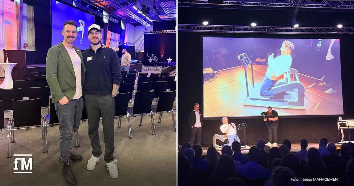 Geteiltes Bild, links zwei Personen im Vortragssaal, rechts eine Gerätevorstellung auf der Bühne