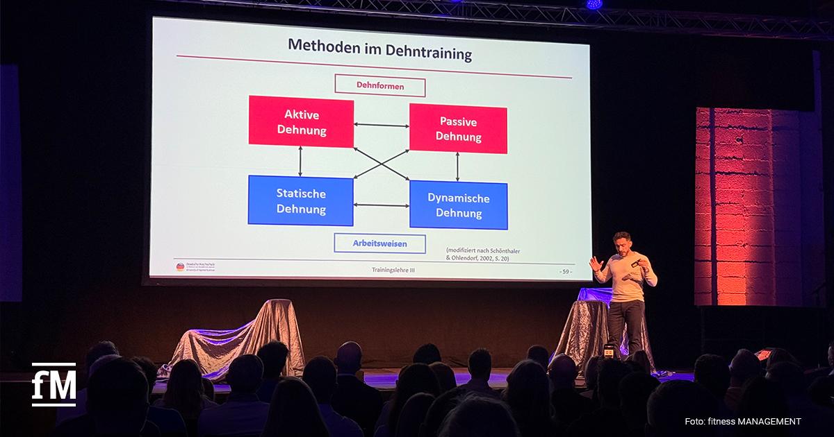 Eine Person (Wolf Harwath) steht auf einer Bühne vor einer Leinwand mit grafischer Übersicht zu aktiver, passiver, statischer und dynamischer Dehnung.