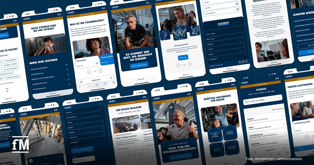 Mehrere Smartphones in Reihen, Displayansichten verschiedener Unterseiten der Kieser Website mit Bildern und Navigation.