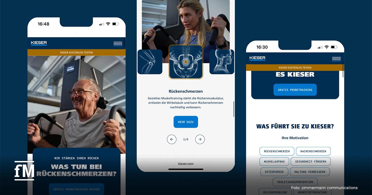 Drei Smartphones zeigen Kieser-Webseiten mit Trainingsbildern, Beschwerdeinformationen und Buttons zu weiteren Inhalten.