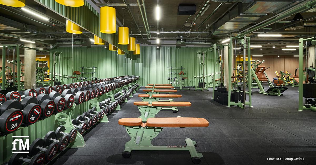Freihantelbereich mit Reihen schwarzer Kurzhanteln, grünen Hantelbänken und gelben Deckenleuchten im McFIT Berlin-Prenzlauer Berg