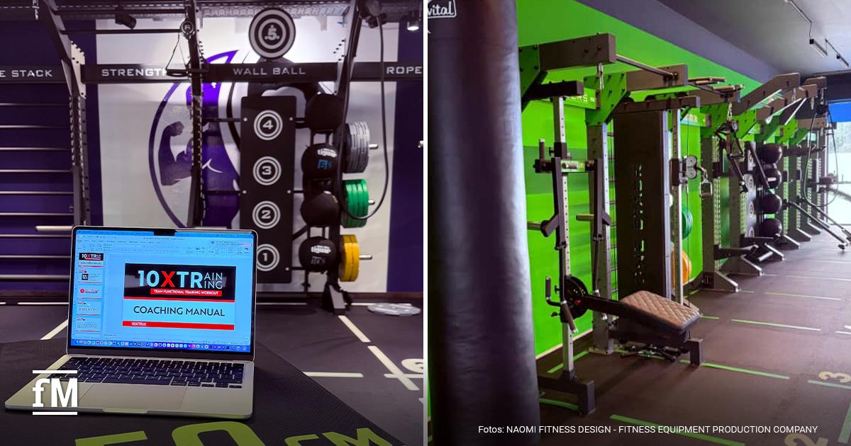 Zweiteiliges Bild, links ein offener Laptop mit 10XTraining Coaching Manual auf dem Bildschirm vor einem funktionellen Trainingsrack, rechts ein Boxsack im Vordergrund, dahinter mehrere Trainingsracks entlang einer grünen Wand mit nummerierten Bodenmarkierungen