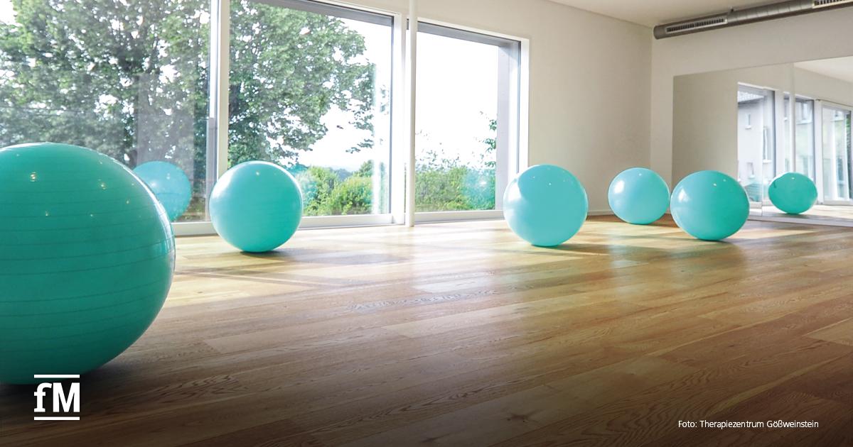 Großer heller Raum mit Holzfußboden, mehreren türkisen Gymnastikbällen und großen Fenstern mit Blick ins Grüne.