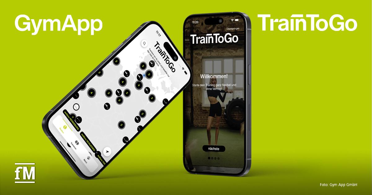 Gym App GmbH TrainToGo-App Zwei Smartphones mit der TrainToGo-App vor grünem Hintergrund, links Kartenansicht mit Studios, rechts Startbildschirm mit Trainingsmotiv.