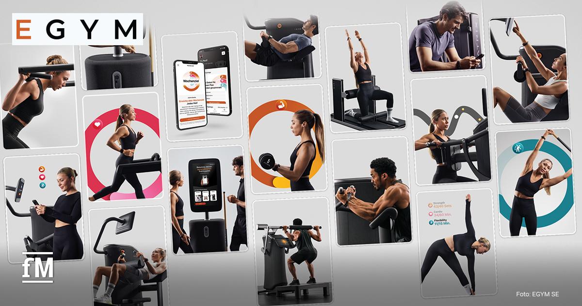 EGYM Fast Start Webinar 2026 Mehrere Personen trainieren an EGYM-Geräten, begleitet von App-Anzeigen, grafischen Elementen und dem EGYM-Logo.