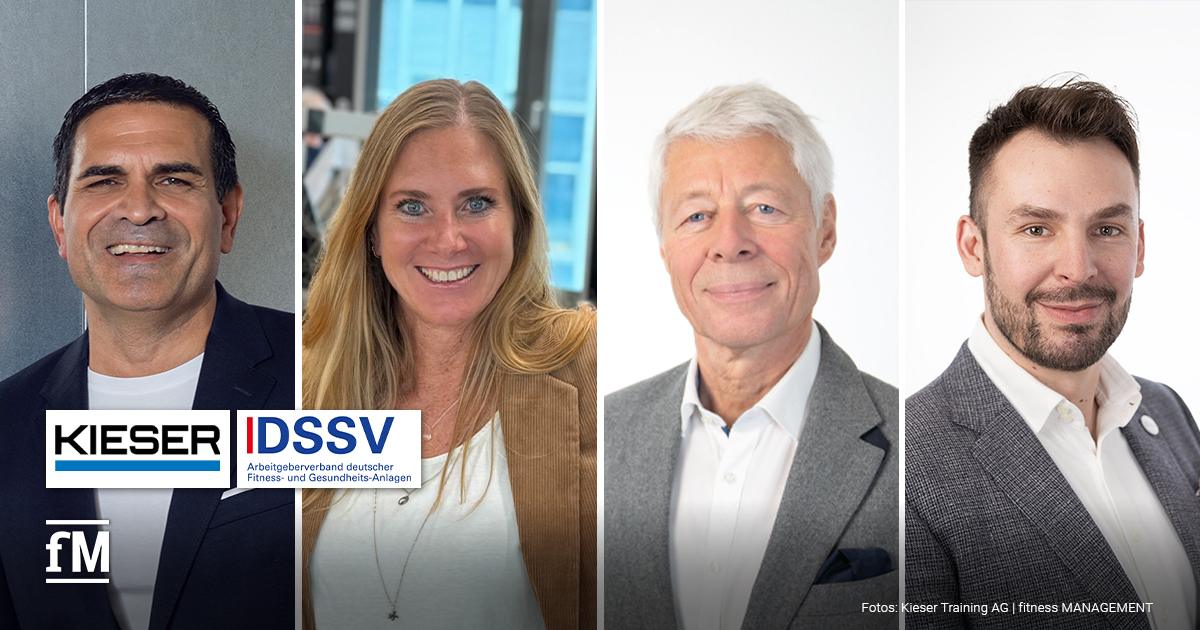 Kieser DSSV Beitritt Vier Personen im Porträt (von links: Michael Antonopoulos, Jeanine Minaty, Prof. Dr. Thomas Wessinghage und Janosch Marx) nebeneinander, darunter Logos von Kieser, DSSV und fitness MANAGEMENT