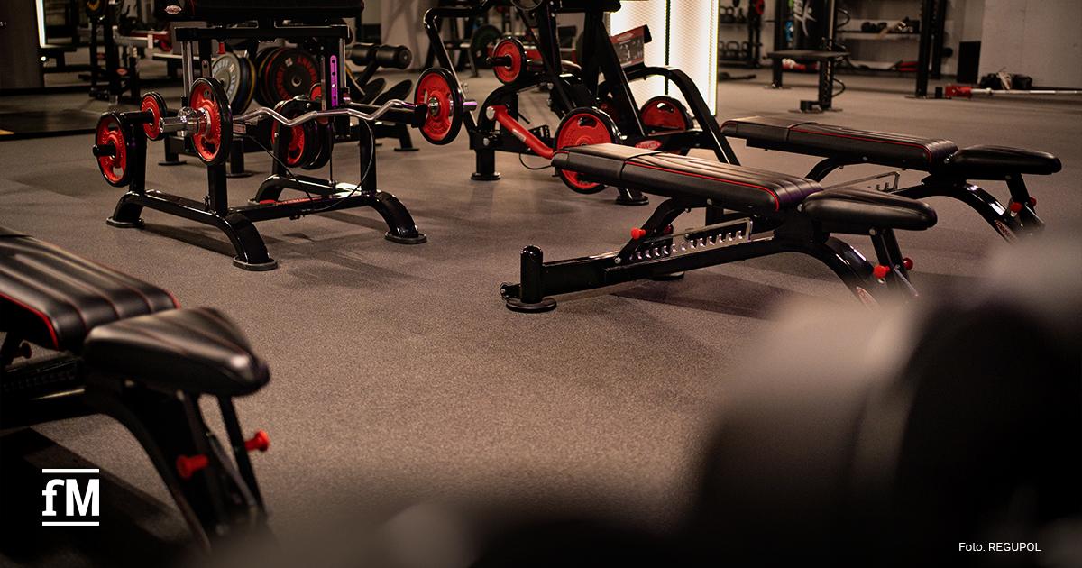 Kraftgeräte und Bänke auf grauem, elastischem Bodenbelag.