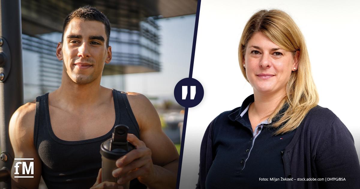 Geteiltes Bild, links: Outdoor-Trainingsfläche vor modernem Gebäude; ein sportlich gekleideter Mann steht neben einer Trainingsstation und hält einen Shaker in der Hand, rechts: Porträtaufnahme vor hellem Hintergrund; eine Frau mit schulterlangen blonden Haaren trägt ein dunkles Poloshirt und blickt in die Kamera.