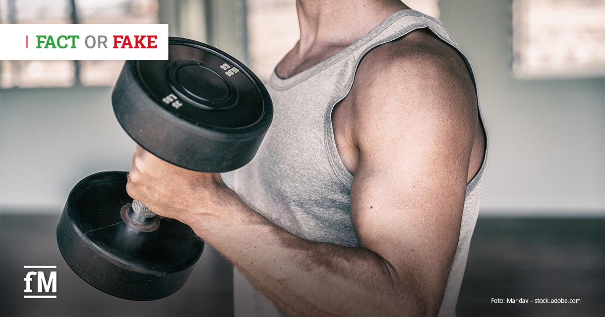 Mann in grauem Tanktop hält eine schwarze Kurzhantel im rechten Arm, Fokus auf den angespannten Oberarmmuskel in einem Fitnessraum.