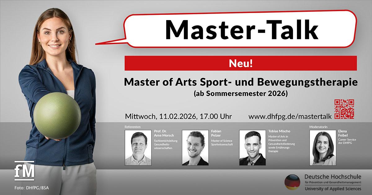 Master-Talk: Master of Arts Sport- und Bewegungstherapie (MSBT) Frau mit Sportball steht frontal vor neutralem Hintergrund, rechts Textgrafik zum Master-Talk der DHfPG mit Angaben zu Termin, Studiengang und Referierenden