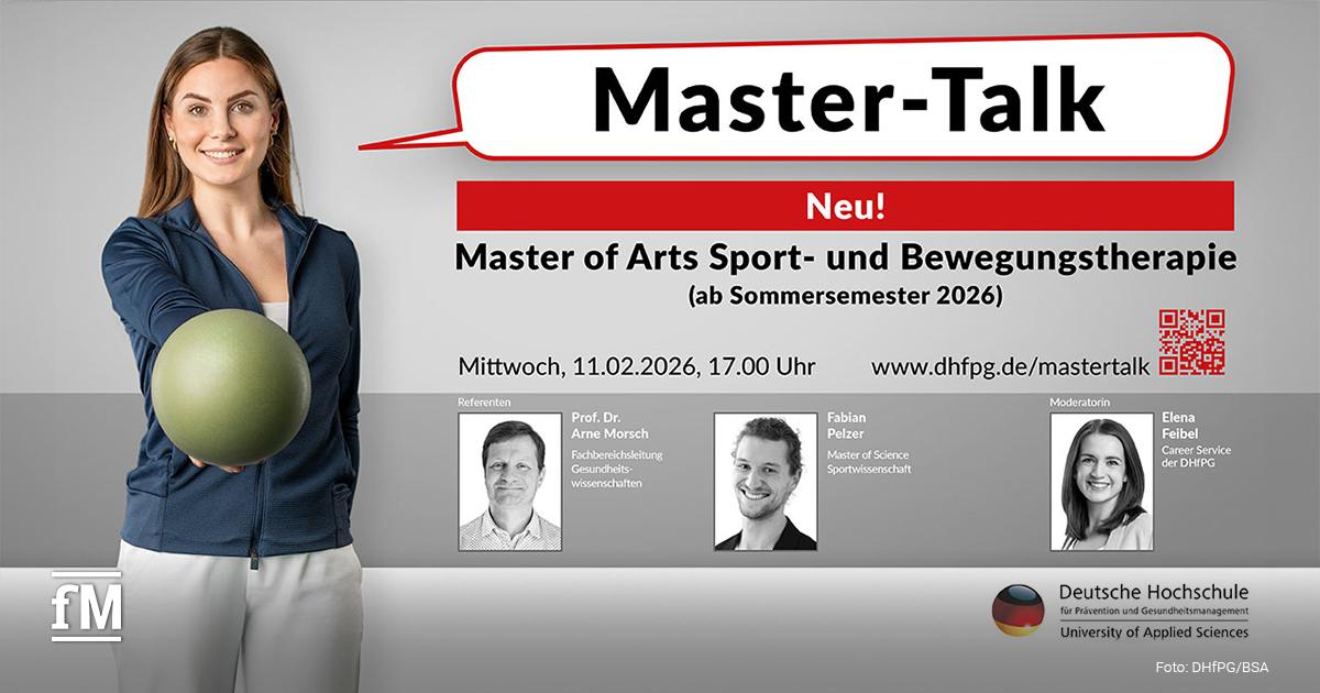 Frau mit Sportball steht frontal vor neutralem Hintergrund, rechts Textgrafik zum Master-Talk der DHfPG mit Angaben zu Termin, Studiengang und Referierenden