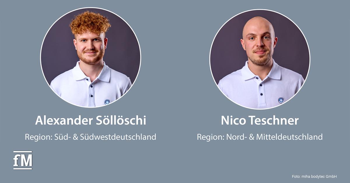 Porträts von Alexander Söllöschi (Region Süd- und Südwestdeutschland) und Nico Teschner (Region Nord- und Mitteldeutschland), beide in weißen Poloshirts vor neutralem Hintergrund