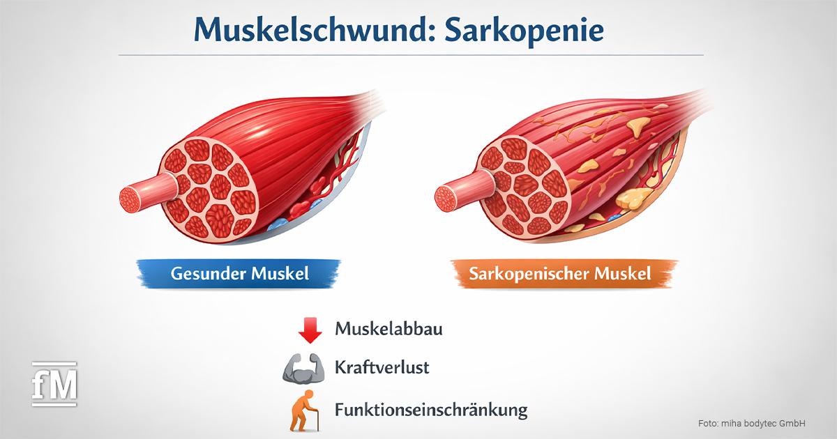 Illustration zum Muskelschwund (Sarkopenie): Vergleich eines gesunden Muskels mit einem sarkopenischen Muskel, der reduziertes Muskelvolumen und Fett­einlagerungen zeigt; Hinweise auf Muskelabbau, Kraftverlust und Funktionseinschränkung