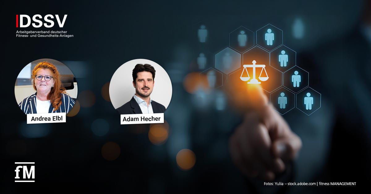 DSSV Recht Gesetzesänderungen 2026 Grafik mit DSSV-Logo oben links, Porträts von Andrea Elbl und Adam Hecher links, rechts eine symbolische Darstellung mit Waage-Icon auf digitalem Interface.