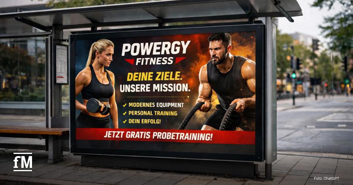 Wirkung von Fitnesswerbung An einer Bushaltestelle hängt ein Plakat mit der Aufschrift „POWERGY FITNESS – Deine Ziele. Unsere Mission.“ Daneben befinden sich eine eine sportliche Frau mit Hantel und ein muskulöser Mann mit Battle Ropes. Sie werben für ein Fitnessstudio und ein kostenloses Probetraining. Unten steht: „Jetzt gratis Probetraining“.