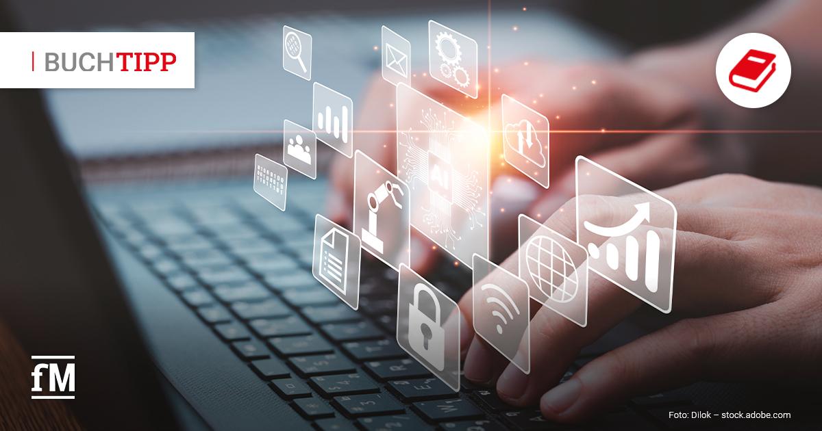 Buchtipp: „Das Ende der Arbeitswelt, wie wir sie kannten Nahaufnahme einer Tastatur mit Händen und eingeblendeten digitalen Symbolen wie Schloss, Diagrammen und Netzwerksymbolen; links oben steht „Buchtipp“.