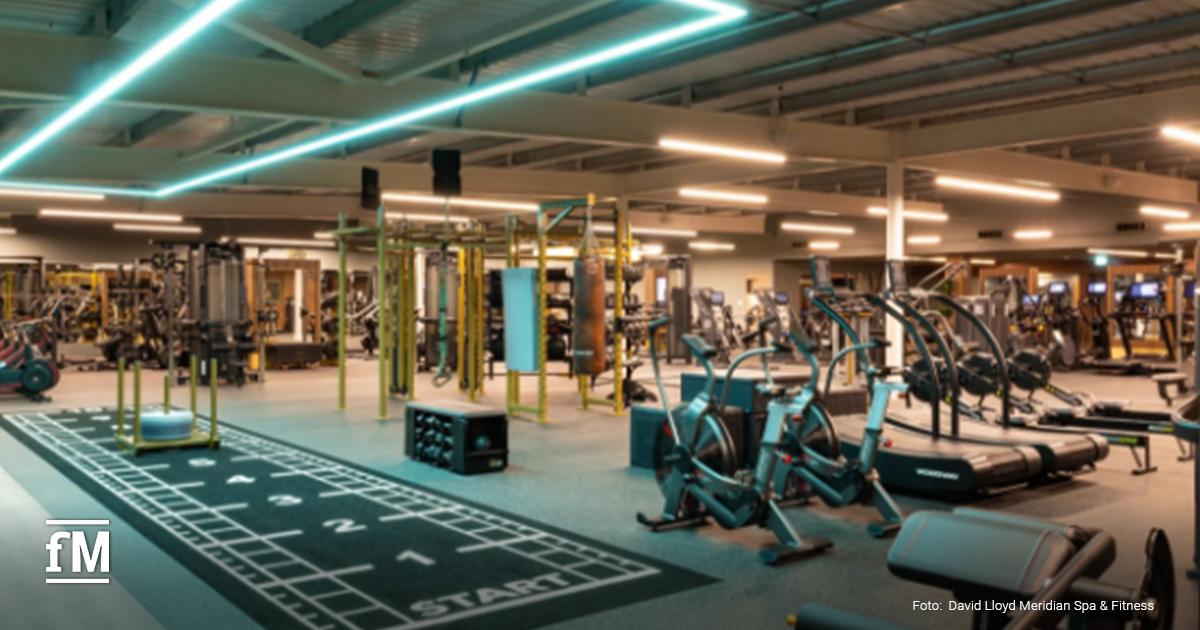 Großer Fitnesskursraum mit Holzfußboden, Spiegelwand und Trainingsplattformen.