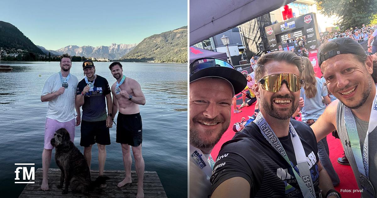 Links: Drei Männer stehen auf einem Holzsteg am See, halten Medaillen in der Hand, im Vordergrund ein Hund, im Hintergrund Berge und Wasser; rechts: drei Männer machen ein Selfie im Zielbereich mit rotem Teppich, im Hintergrund Zielbogen, Zuschauer und Eventstruktur