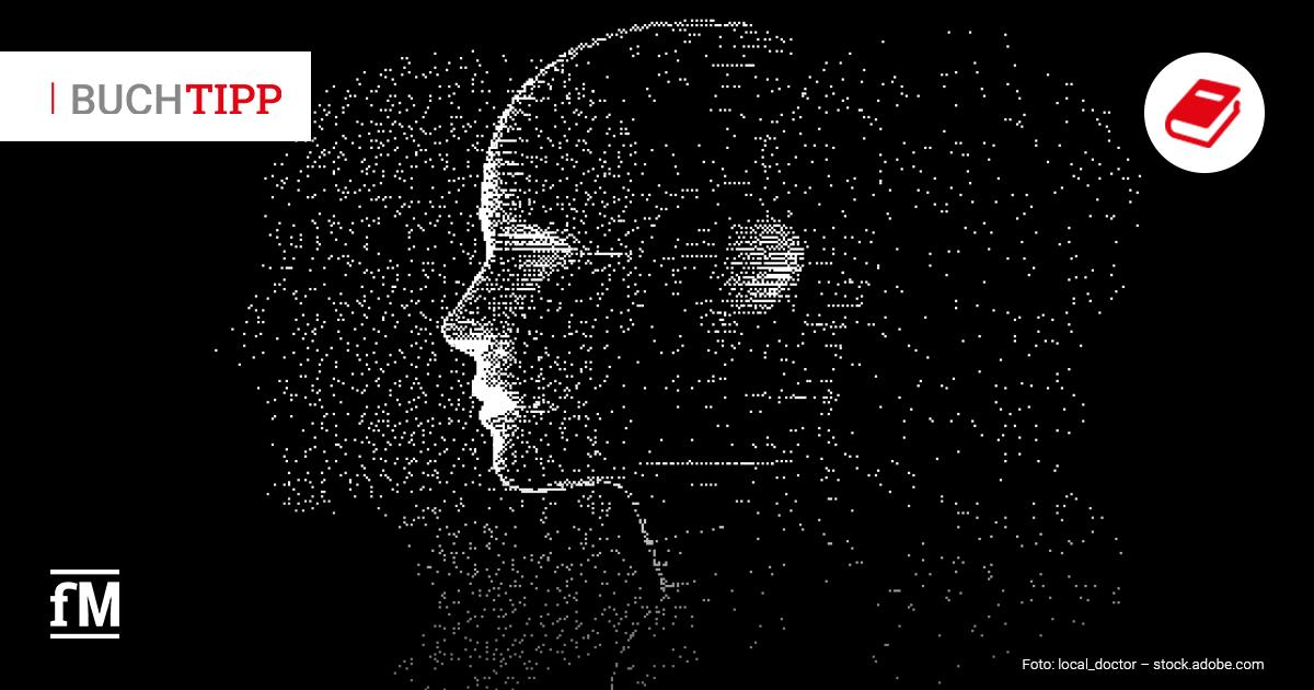 Buchtipp KIQ® – Der Künstliche Intelligenz Quotient Schwarzer Hintergrund mit weiß gepunkteter Darstellung eines menschlichen Kopfprofils, links Schriftzug „BUCHTIPP“, unten links Logo „fM“, unten rechts kleiner Bildnachweis „Foto: local_doctor – stock.adobe.com“.
