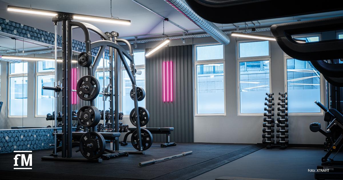 Freihantelbereich mit Kabelzugstation, Hanteln, Spiegelwand und pinken Lichtakzenten.