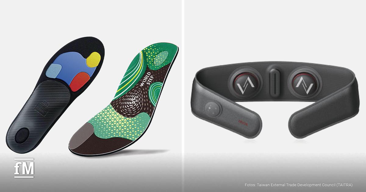 Links zwei Einlegesohlen mit farbigen Zonen auf grauem Hintergrund, rechts ein schwarzes Nacken- oder Massagegerät mit zwei runden Elementen und Bedienelement in der Mitte.