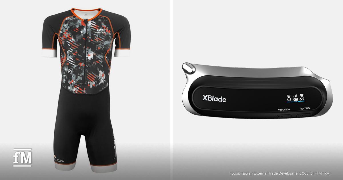 Links ein kurzärmeliger Einteiler in Schwarz mit grafischem Muster und Reißverschluss, rechts ein kompaktes schwarzes Gerät mit Anzeige und Bedientasten.