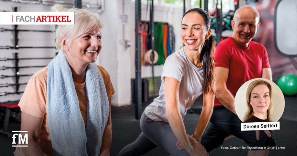 Im Vordergrund trainieren eine ältere Frau mit Handtuch um den Hals, eine jüngere Frau in heller Sportkleidung und ein älterer Mann im roten Shirt in einem Fitnessraum. Rechts unten ist ein rundes Porträt von Doreen Seiffert mit Namensschriftzug eingeblendet.