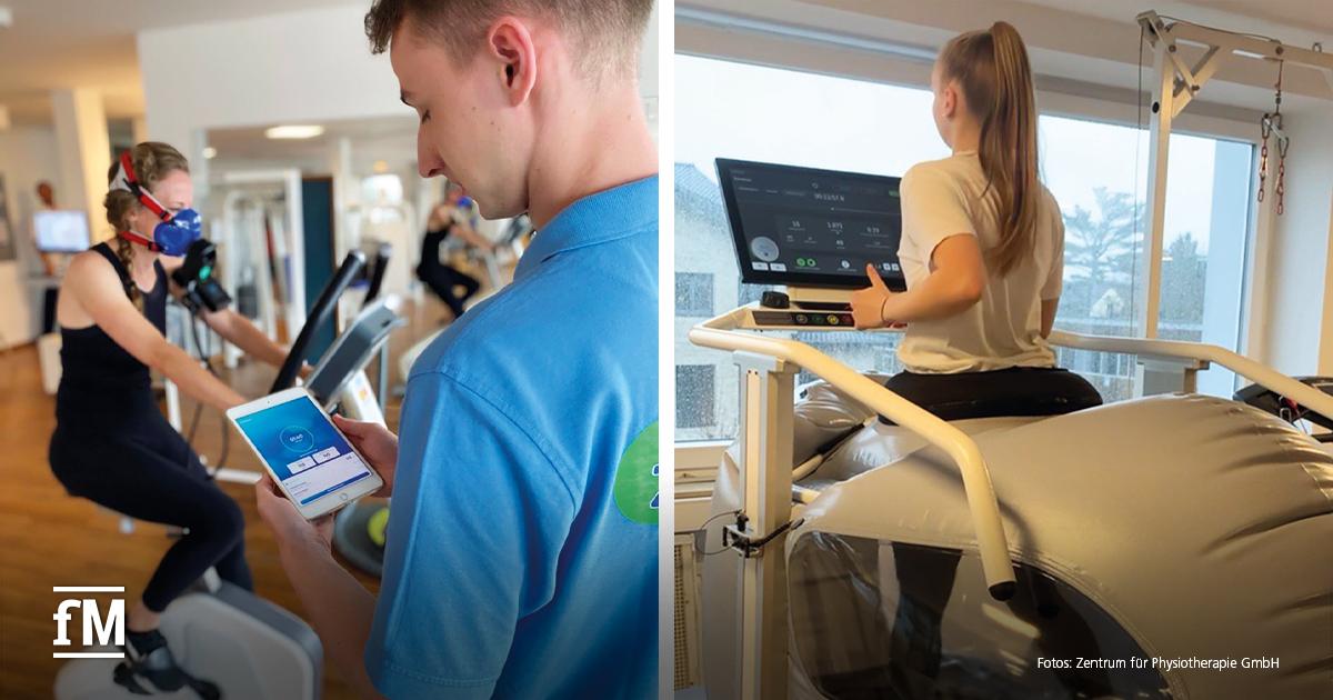 Linke Bildhälfte: Frau mit Atemmaske trainiert auf einem Ergometer, rechts daneben Mann im blauen Poloshirt mit Tablet in der Hand. Rechte Bildhälfte: Frau läuft auf einem Laufband mit großem Monitor und Luftkissen um die Beine vor einem Fenster.