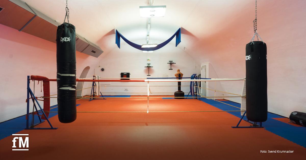 Ein Boxring steht mittig in einem Gewölberaum mit orangefarbenem Boden. Links und rechts hängen schwarze Sandsäcke von der Decke, im Hintergrund steht eine Trainingspuppe.