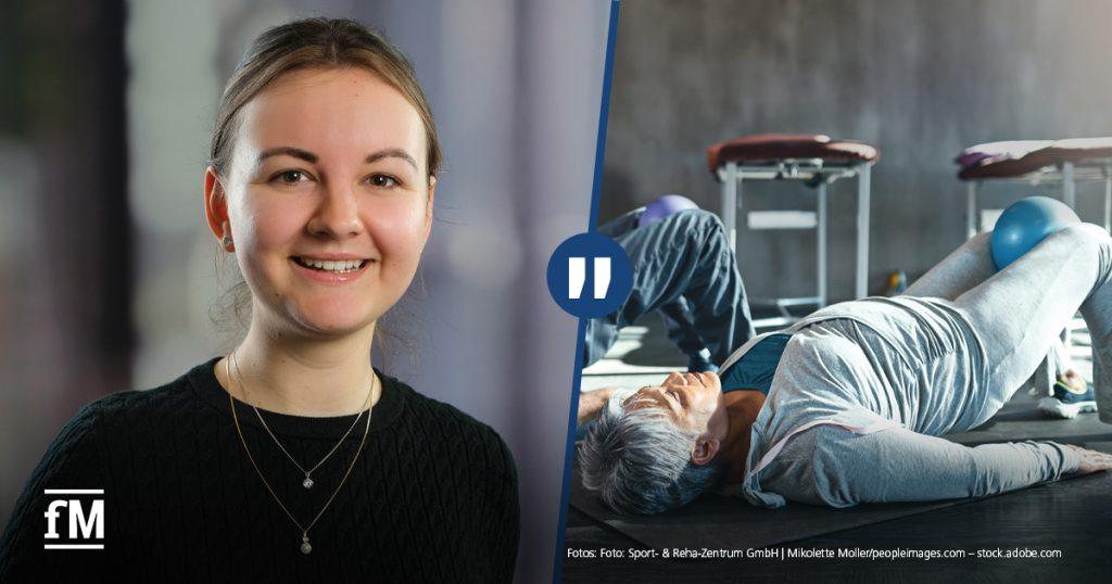 Links ein Porträt von Annie Unkrig vor unscharfem Hintergrund. Rechts eine Trainingsszene mit zwei älteren Personen auf Matten und einer Trainerin im Hintergrund. In der Mitte trennt eine blaue grafische Linie beide Bildhälften mit einem weißen Anführungszeichen-Symbol.