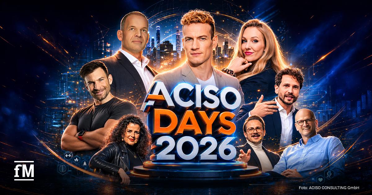 ACISO DAYS 2026 Im Zentrum steht der Schriftzug „ACISO Days 2026“, umgeben von Porträts mehrerer Referentinnen und Referenten vor einer futuristischen Stadt- und Lichterkulisse.