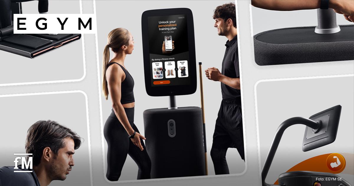 EGYM-Sommer-Webinare Collage: Zentral stehen eine Frau und ein Mann vor einem EGYM-Display mit dem Text „Unlock your personalized training plan“. Auf dem Display sind mehrere Trainingsoptionen und ein Smartphone dargestellt. Links unten trainiert eine Person an einem Kraftgerät. Rechts sind Teile eines EGYM-Geräts mit Bildschirm sichtbar. Dazu die Bildquelle: EGYM SE.