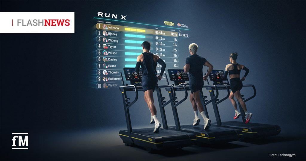 Im Vordergrund rechts laufen drei Personen von hinten auf drei Laufbändern mit Technogym-Logos. Auf dunklem Hintergrund links neben den Personen steht eine große digitale Rangliste mit der Überschrift „RUN X“, Positionen eins bis zehn, Namen Johnson, Rjones, Wjoung, Taylor, Wilson, Davies, Evans, Thomas, Robinson und Walker, Zeiten, farbigen Balken, Technogym-Logo und World Athletics-Logo. Oben links steht in einem weißen Rechteck „FLASHNEWS“, unten links das fM-Logo und unten rechts „Foto: Technogym“.