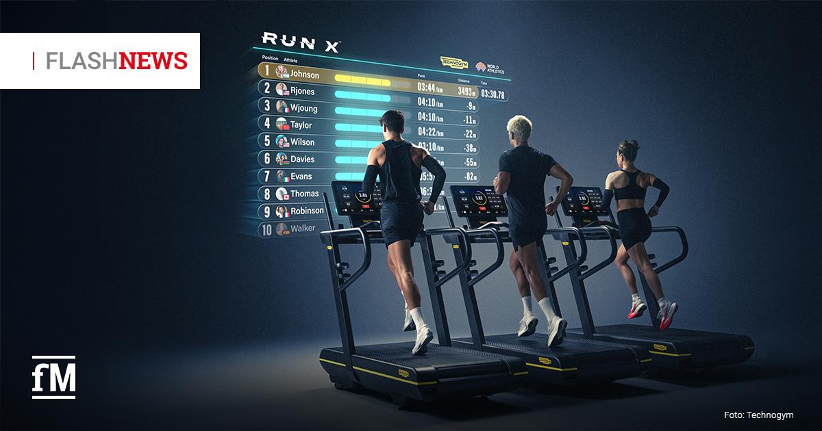 Fitness Flash News #06/2026 KW 24 Im Vordergrund rechts laufen drei Personen von hinten auf drei Laufbändern mit Technogym-Logos. Auf dunklem Hintergrund links neben den Personen steht eine große digitale Rangliste mit der Überschrift „RUN X“, Positionen eins bis zehn, Namen Johnson, Rjones, Wjoung, Taylor, Wilson, Davies, Evans, Thomas, Robinson und Walker, Zeiten, farbigen Balken, Technogym-Logo und World Athletics-Logo. Oben links steht in einem weißen Rechteck „FLASHNEWS“, unten links das fM-Logo und unten rechts „Foto: Technogym“.