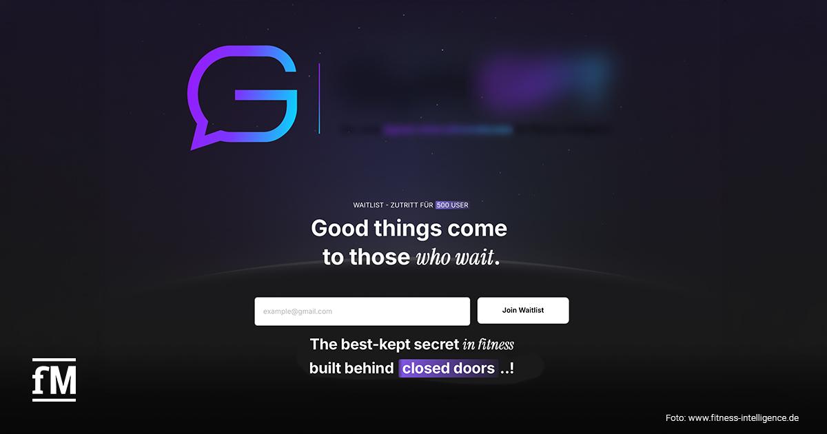 Fitness Intelligence Dunkler Hintergrund mit stilisiertem Logo links oben. Mittig der Text „WAITLIST – ZUTRITT FÜR 500 USER“, darunter die Überschrift „Good things come to those who wait.“ Im unteren Bereich ein E-Mail-Eingabefeld, ein Button „Join Waitlist“ und der Text „The best-kept secret in fitness built behind closed doors ..!“.