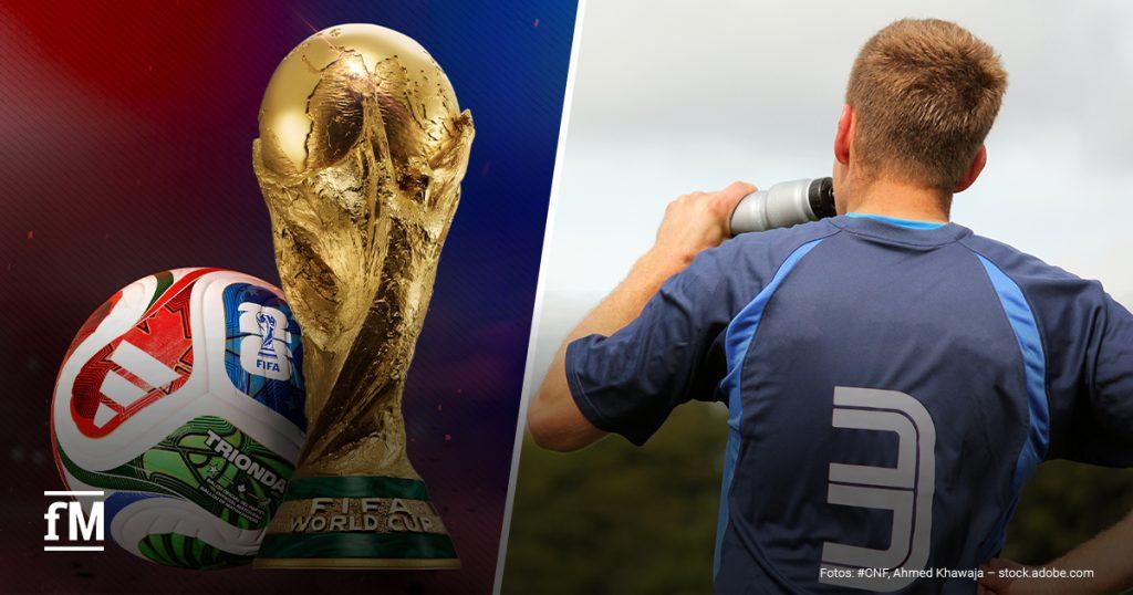 WM-Pokal und Fußball links, Fußballspieler mit Trinkflasche rechts