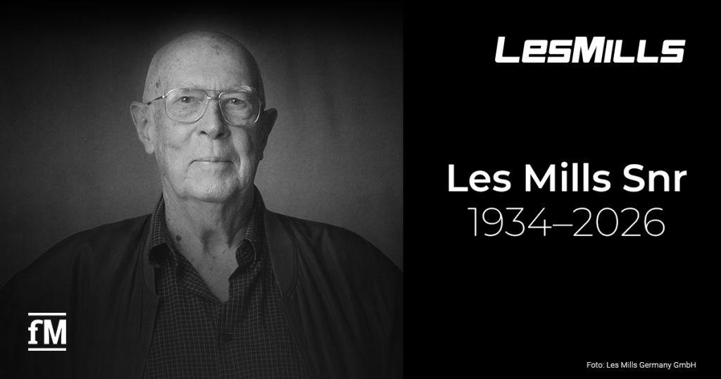 Nachrufgrafik zum Tod von Les Mills Senior (1934–2026), einer prägenden Persönlichkeit der internationalen Fitnessbranche.