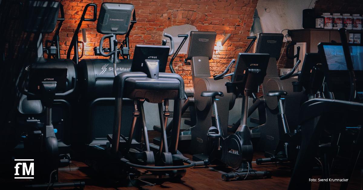 Cardiogeräte stehen vor einer Backsteinwand im Trainingsbereich der Fitnesslounge Erlangen.