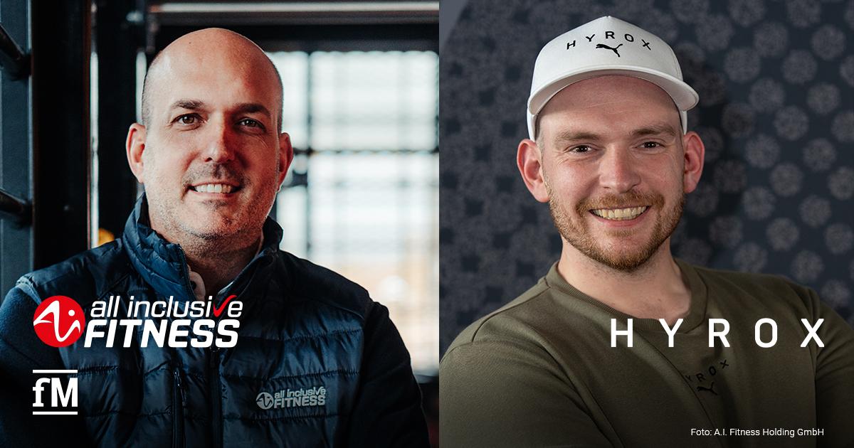 all inclusive Fitness HYROX Partnerschaft Stephan Schulan und Jonas Merten in einer Porträtmontage mit Logos von all inclusive Fitness und HYROX